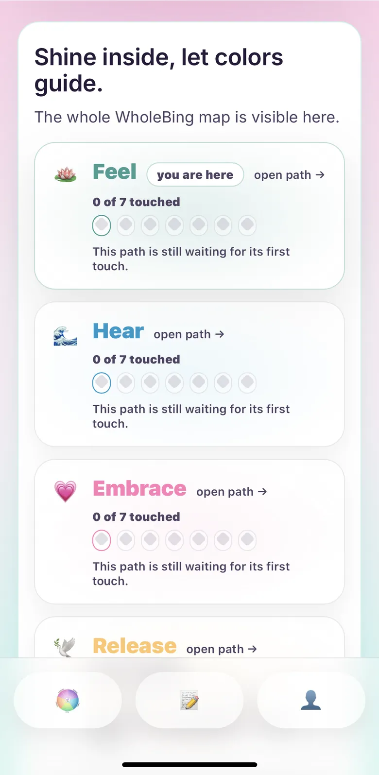 WholeBing home screen: the five paths, Feel, Hear, Embrace, Release, Belong, each with its progress through seven levels